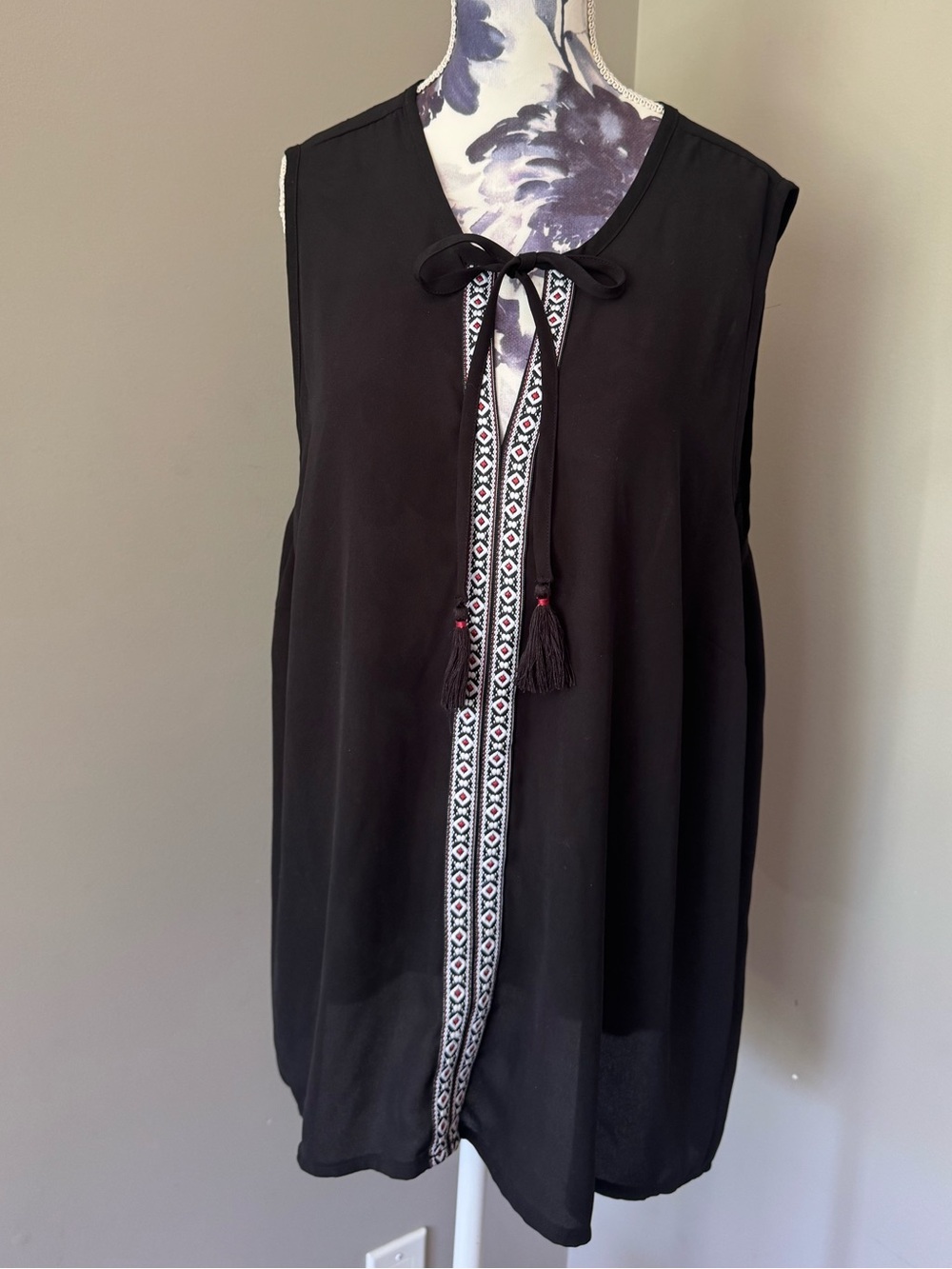 George Black Sleeveless Tunic with Embroidered Tassel Tie